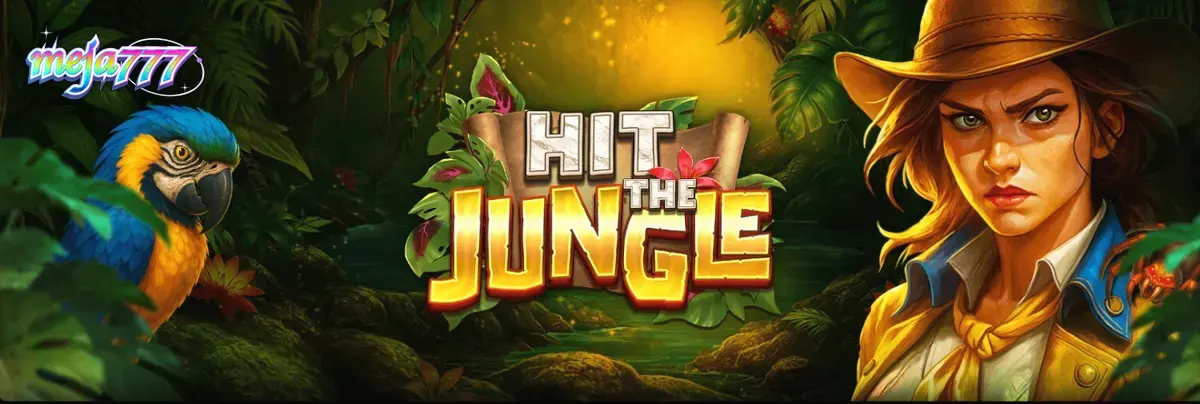 Tampilan visual slot Hit the Jungle dengan latar belakang hutan rimbun dan simbol batu kuno.